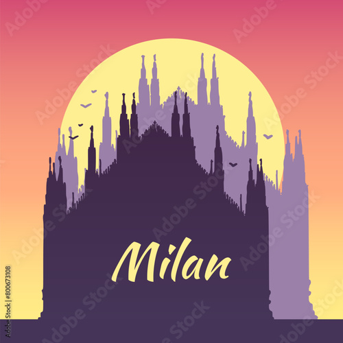 Line art drawing of the Milan cathedral, Italy, architecture tourism landmark, travel destination illustration