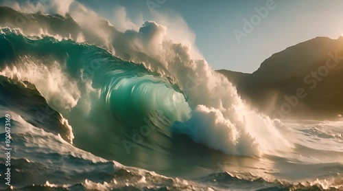 curling wave breaking in ocean. Good day for surfing photo