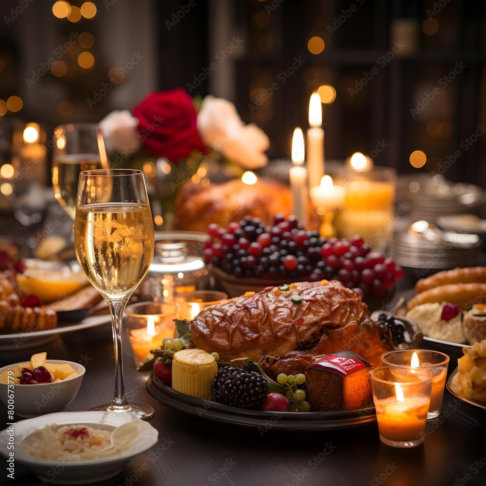 Traditional christmas dinner with turkey, fruits and wine on wooden table