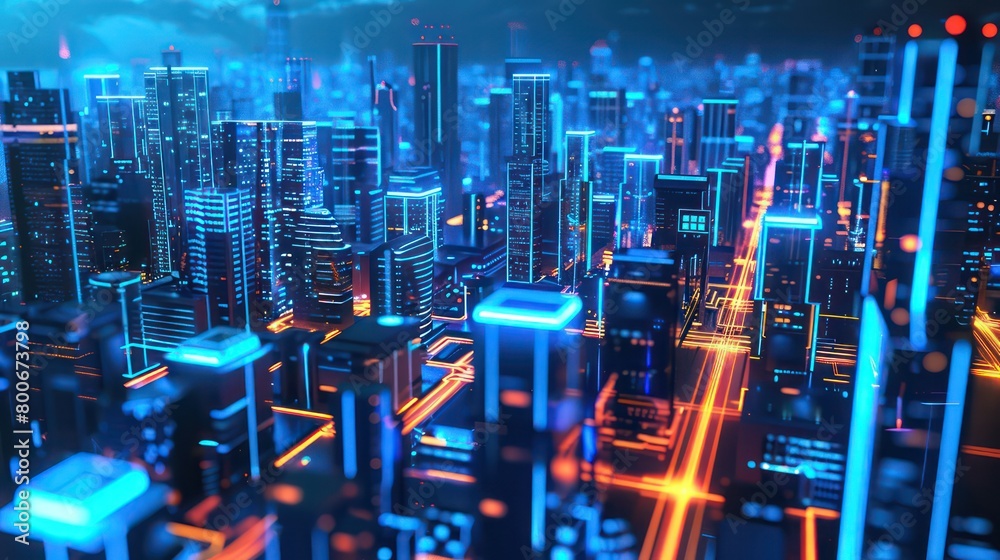 Urban infrastructure of a smart city with blue neon lighting Urban infrastructure of a smart city with blue neon lighting