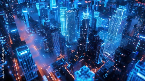 Urban infrastructure of a smart city with blue neon lighting