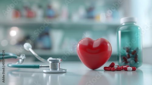 Representation of a health insurance. Decorated with health-related objects such as heart shaped, pills, stethoscope, and meds.