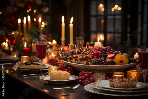Christmas table with a variety of fruit and cakes. Selective focus.