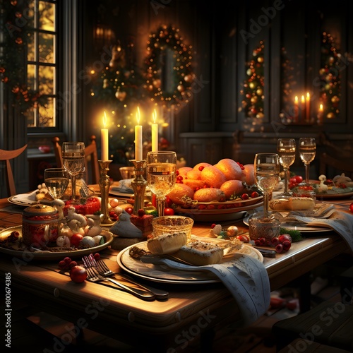 Christmas table with christmas decorations and ornaments in dark room