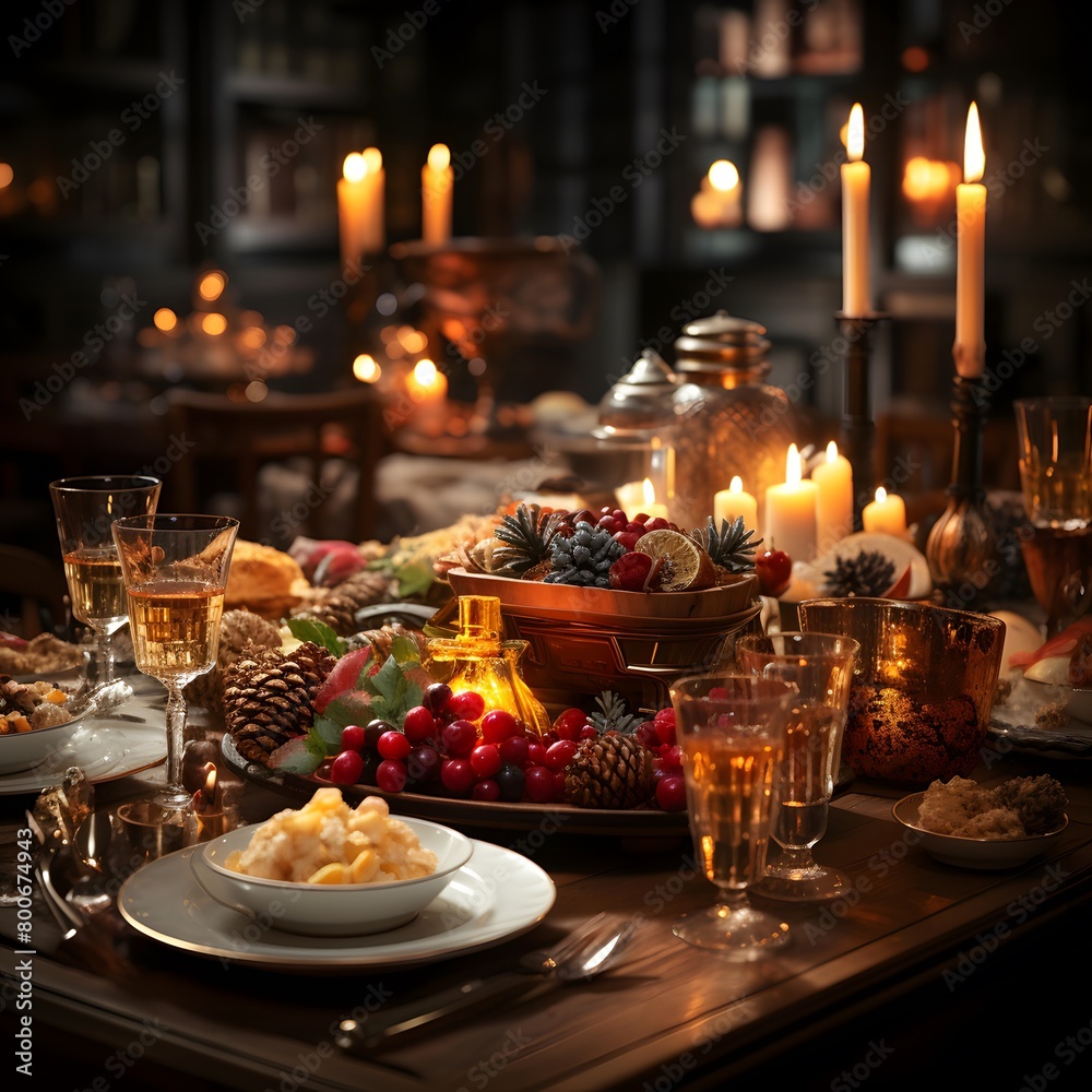 Festive table setting for Christmas and New Year dinner in the dark