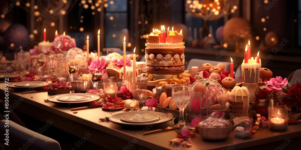 Wedding table with candles, flowers and cakes. Selective focus.