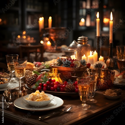 Festive table setting for Christmas and New Year dinner in the dark
