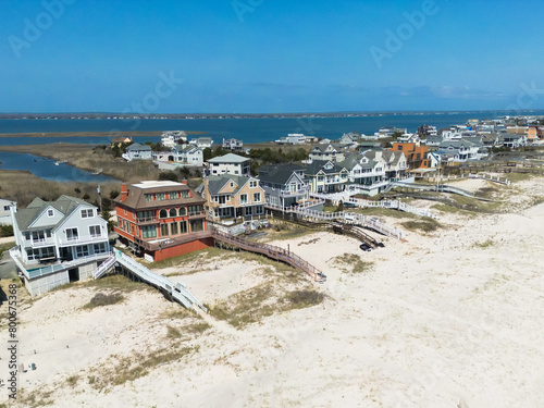 Aerial view of luxury homes along the beach in the Hamptons Long Island New York