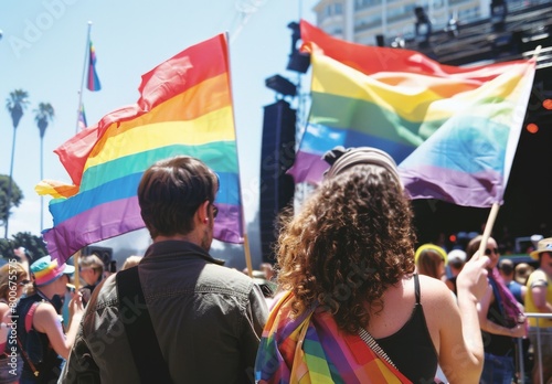 the crowd waving rainbow flags at an outdoor pride parade