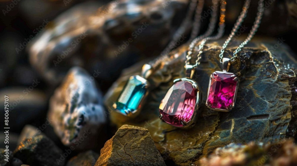 Gemstone Pendants on Rocky Surface