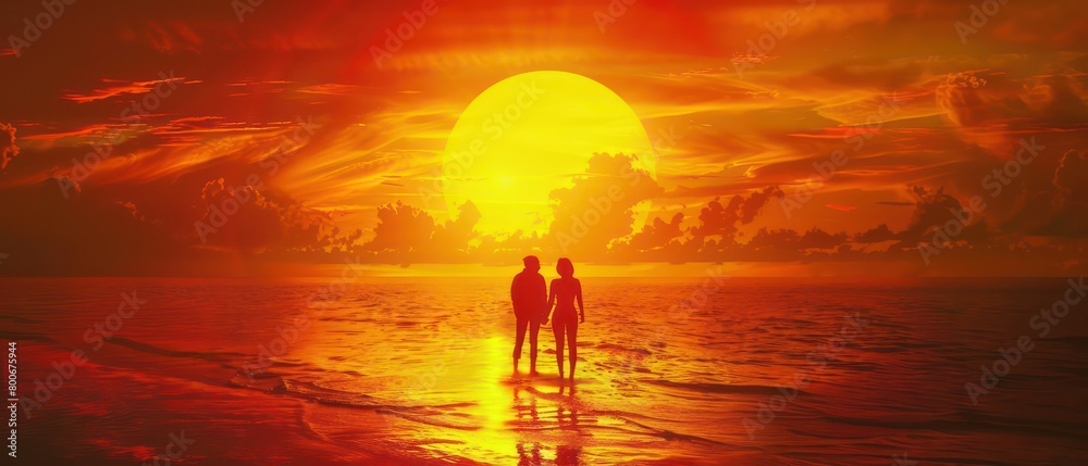 couple in a realistic sun down on a ocean