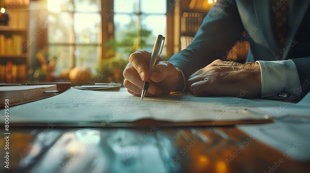 Obraz premium Serene Workspace: Hands Holding Pen Over Open Notebook