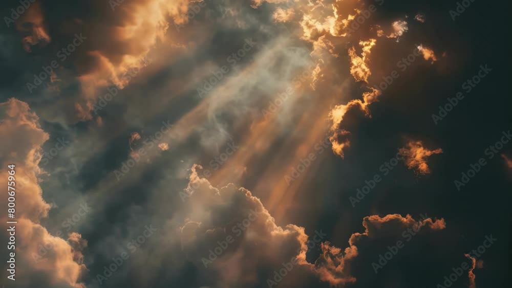 The sun is shining through the clouds, creating a beautiful