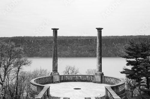 Beautiful view of the Hudson River and New Jersey Palisades at the overlook at Untermyer Park and Gardens in Yonkers, New York.