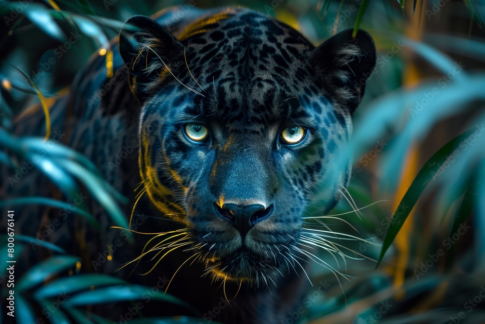 Mysterious Wildlife Photography. Intense Leopard Stare in a Jungle Setting. Captivating Wallpaper. Leopard's Gaze Illuminated by Moonlight.