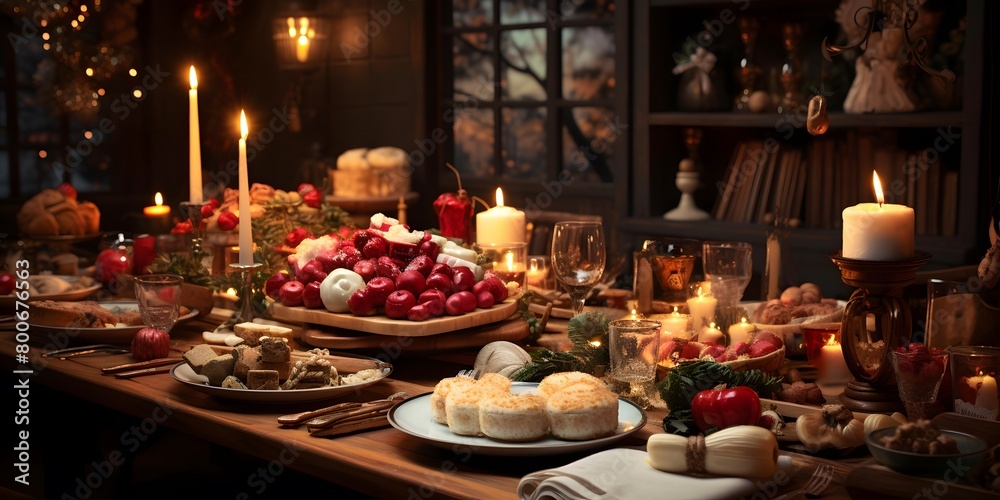 Christmas table with a variety of food and drinks. Selective focus. Holiday.