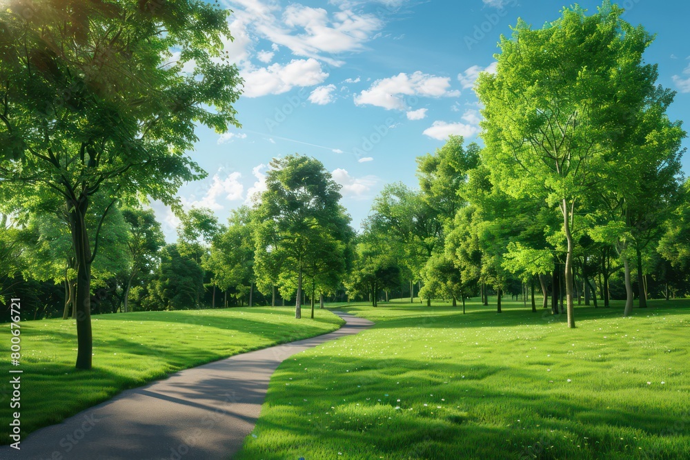 curving pathway in a park, vibrant green grass on either side, rows of lush trees, clear blue sky with scattered clouds above curving pathway in a park, vibrant green grass on either side, rows of lush trees, clear blue sky with scattered clouds above