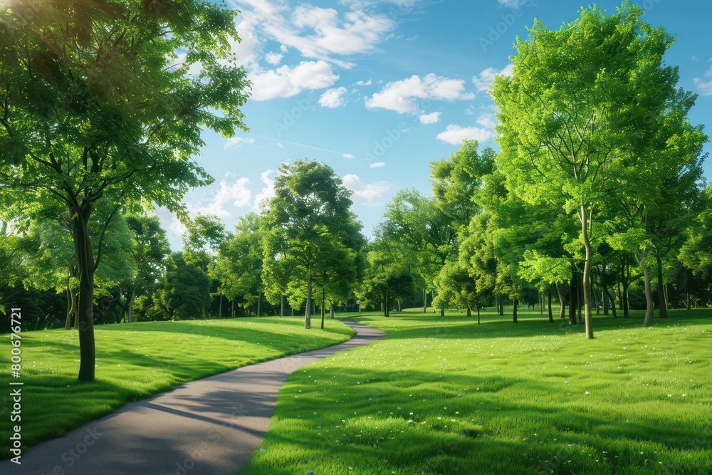 curving pathway in a park, vibrant green grass on either side, rows of lush trees, clear blue sky with scattered clouds above