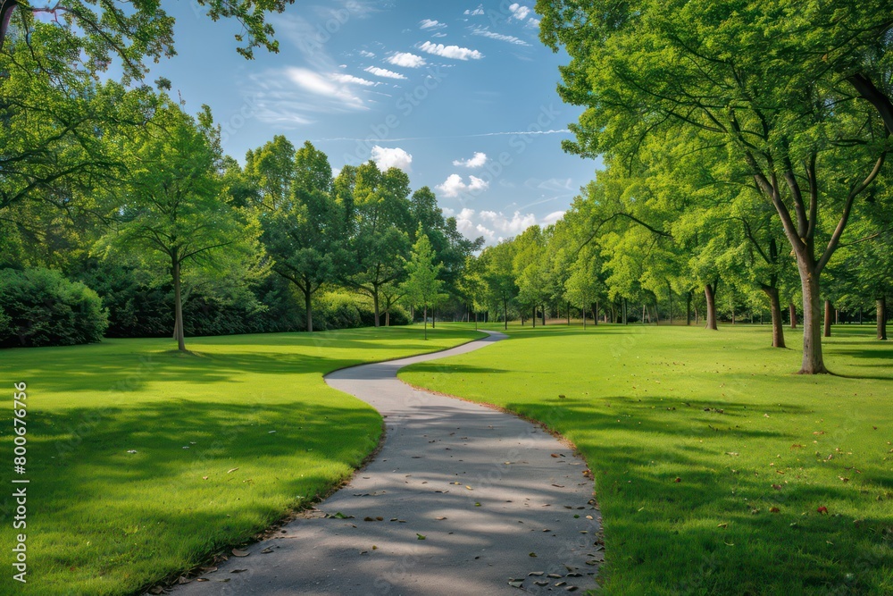 curving pathway in a park, vibrant green grass on either side, rows of lush trees, clear blue sky with scattered clouds above