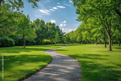 curving pathway in a park, vibrant green grass on either side, rows of lush trees, clear blue sky with scattered clouds above