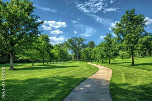 curving pathway in a park, vibrant green grass on either side, rows of lush trees, clear blue sky with scattered clouds above © Dekastro