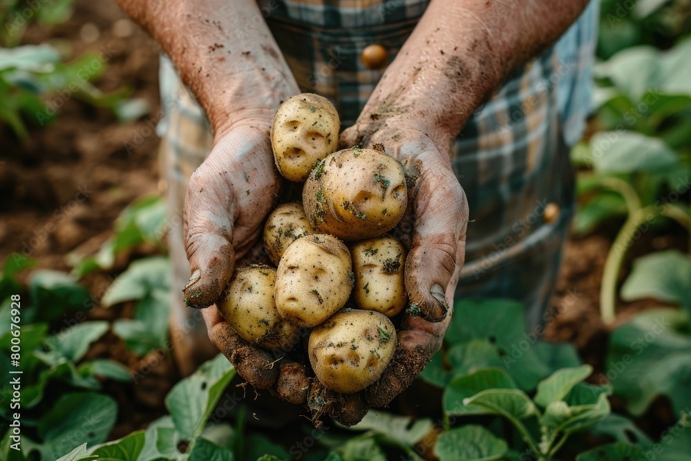 A man is holding a bunch of potatoes in his hands. The potatoes are dirty and appear to be freshly picked. Concept of hard work and dedication to farming A man is holding a bunch of potatoes in his hands. The potatoes are dirty and appear to be freshly picked. Concept of hard work and dedication to farming