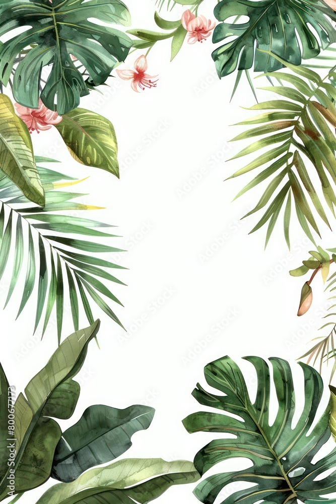 Naklejka premium exotic tropical leaves border, delicate watercolour, muted colours, elegant flowers, handpainted look, white background, elegant, delicate, tropical, watercolour, border