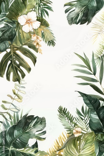 exotic tropical leaves border  delicate watercolour  muted colours  elegant flowers  handpainted look  white background  elegant  delicate  tropical  watercolour  border