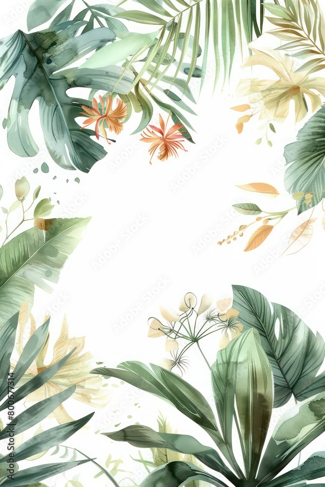 exotic tropical leaves border, delicate watercolour, muted colours, elegant flowers, handpainted look, white background, elegant, delicate, tropical, watercolour, border exotic tropical leaves border, delicate watercolour, muted colours, elegant flowers, handpainted look, white background, elegant, delicate, tropical, watercolour, border