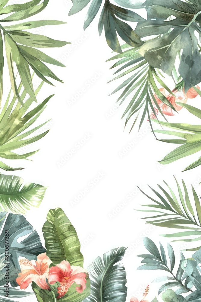 exotic tropical leaves border, delicate watercolour, muted colours, elegant flowers, handpainted look, white background, elegant, delicate, tropical, watercolour, border exotic tropical leaves border, delicate watercolour, muted colours, elegant flowers, handpainted look, white background, elegant, delicate, tropical, watercolour, border
