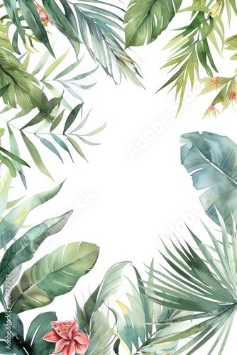 exotic tropical leaves border  delicate watercolour  muted colours  elegant flowers  handpainted look  white background  elegant  delicate  tropical  watercolour  border