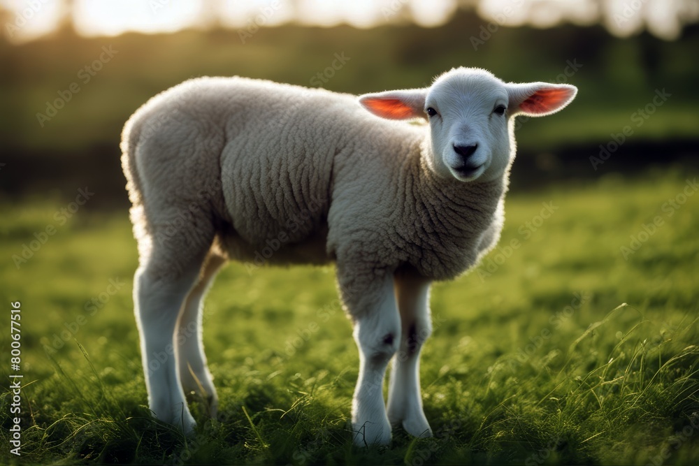 Fototapeta premium green grass meadow grazing lamb shear soft aries agriculture mammal white lawn sheepskin wool head yarrow amusing gaze farm beast ewe sheep cute portrait woolly farming stare young look breeding face'