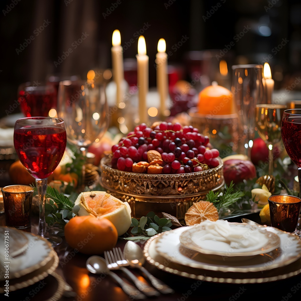 Festive table setting with cranberries, oranges, candles and plates