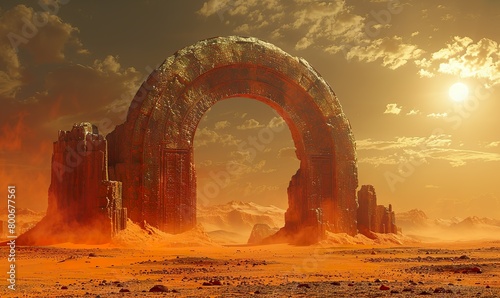 A fantastical gate entrance is depicted within a vast desert landscape, dominated by sweeping dunes and an expansive, clear sky photo