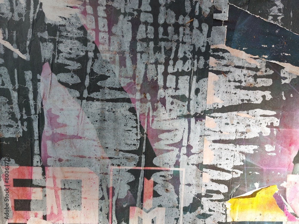 Fototapeta premium Torn and ripped street poster background, abstract and messy old paper art collage