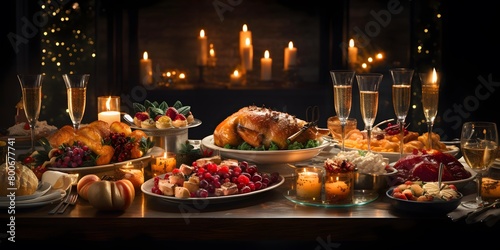 Christmas table with turkey and other traditional dishes. Panoramic banner