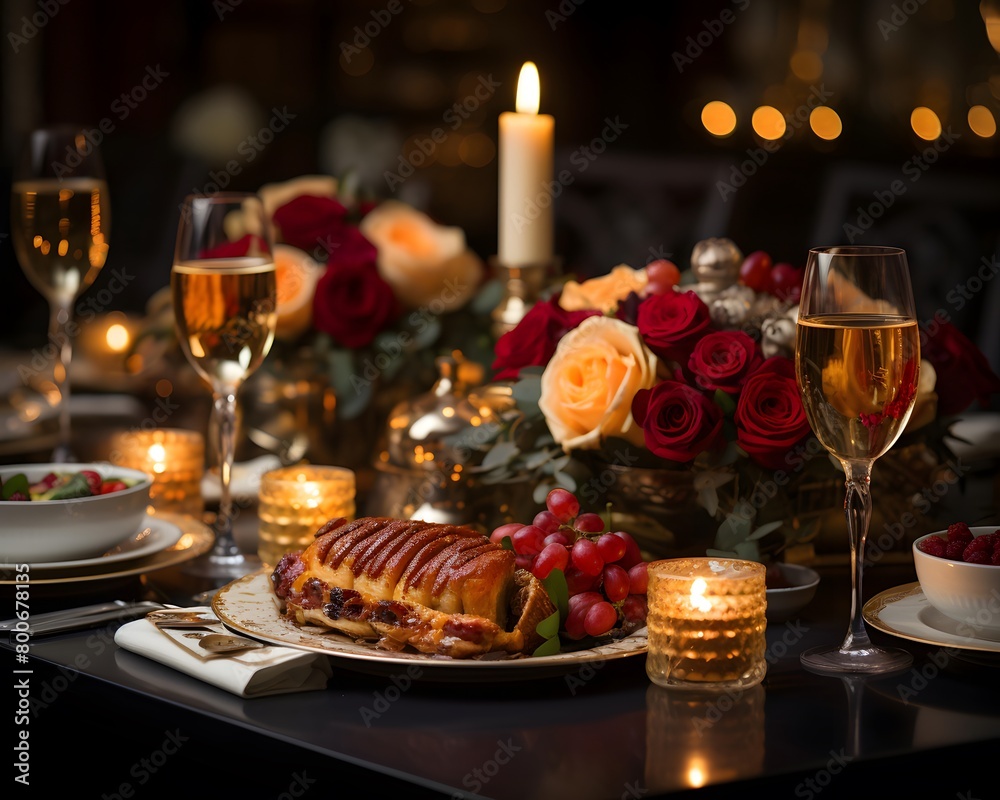 Romantic dinner table with roses, candles, wine and croissants