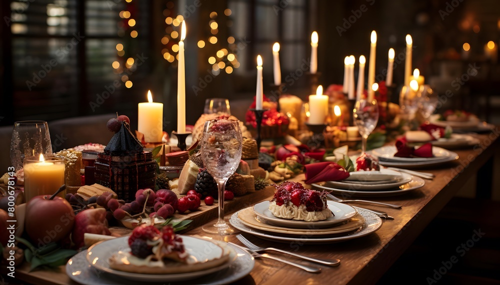 Festive table setting for Christmas and New Year dinner. Festive table decoration with candles, candlesticks, plates and cutlery