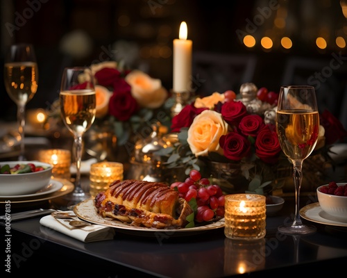 Romantic dinner table with roses  candles  wine and croissants