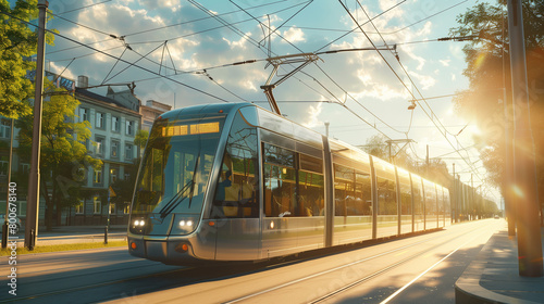 Modern city tram on the street in summer, illustration with soft shadows and no contrast for gradient background, golden hour lighting