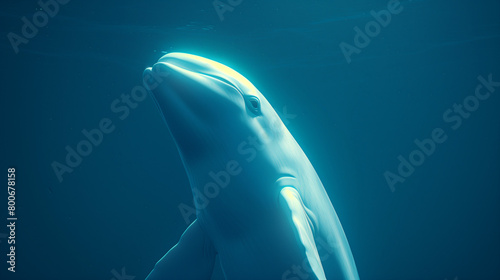 A closeup shot of a white beluga swimming in clear blue water, captured from an underwater perspective angle with cinematic lighting