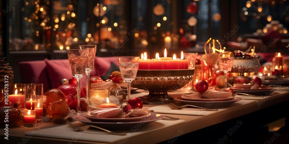 Christmas table setting with burning candles in a restaurant. Festive decoration.