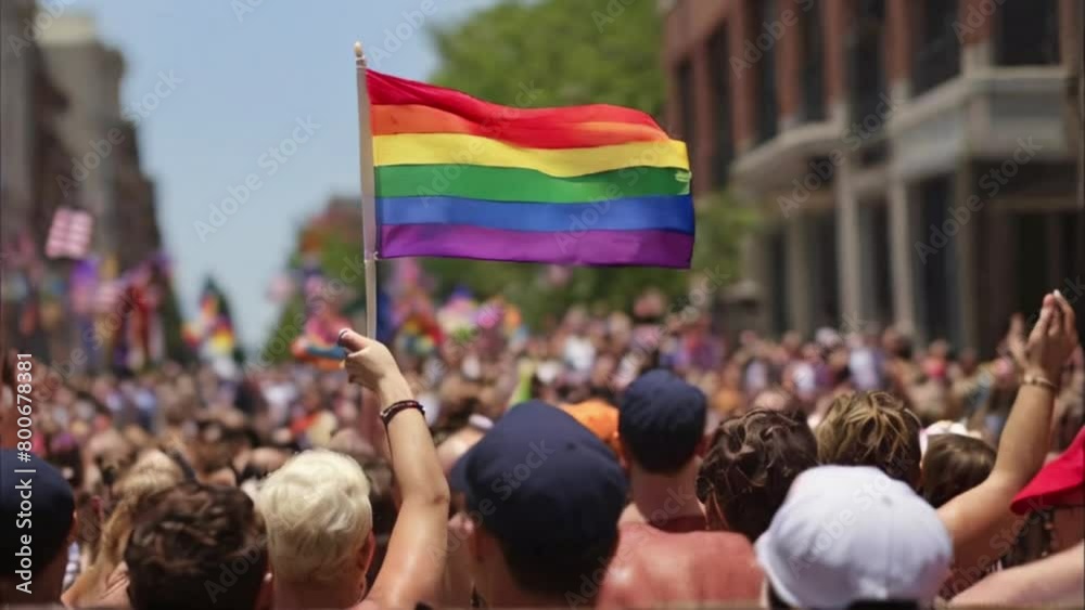 A group of people holding flags at an LGBT summer gay pride parade,. digital illustration created with generative ai.