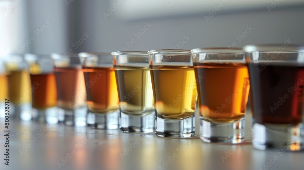 A flight of small glasses each containing a different type of nonalcoholic brew arranged in a row for easy comparison. A flight of small glasses each containing a different type of nonalcoholic brew arranged in a row for easy comparison.
