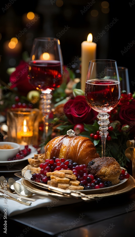 Festive table setting with croissant, cranberry and wine