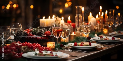 Festive table setting for christmas dinner. Festive table decoration with candles. Festive table setting for winter holidays.