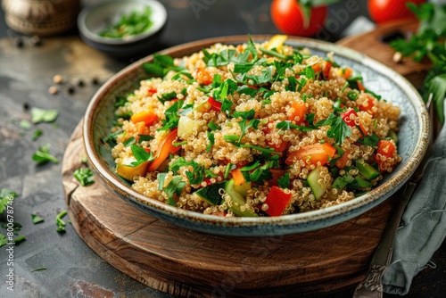 A bowl of quinoa salad with vegetables and herbs. The bowl is on a wooden table. The salad is colorful and healthy