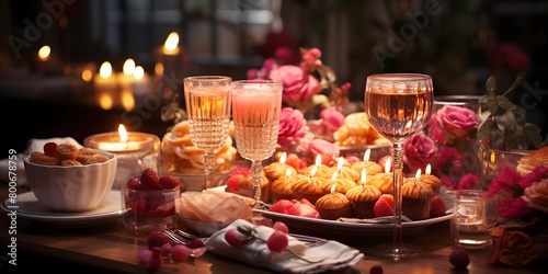 Romantic dinner table with glasses of wine  croissants  roses and candles
