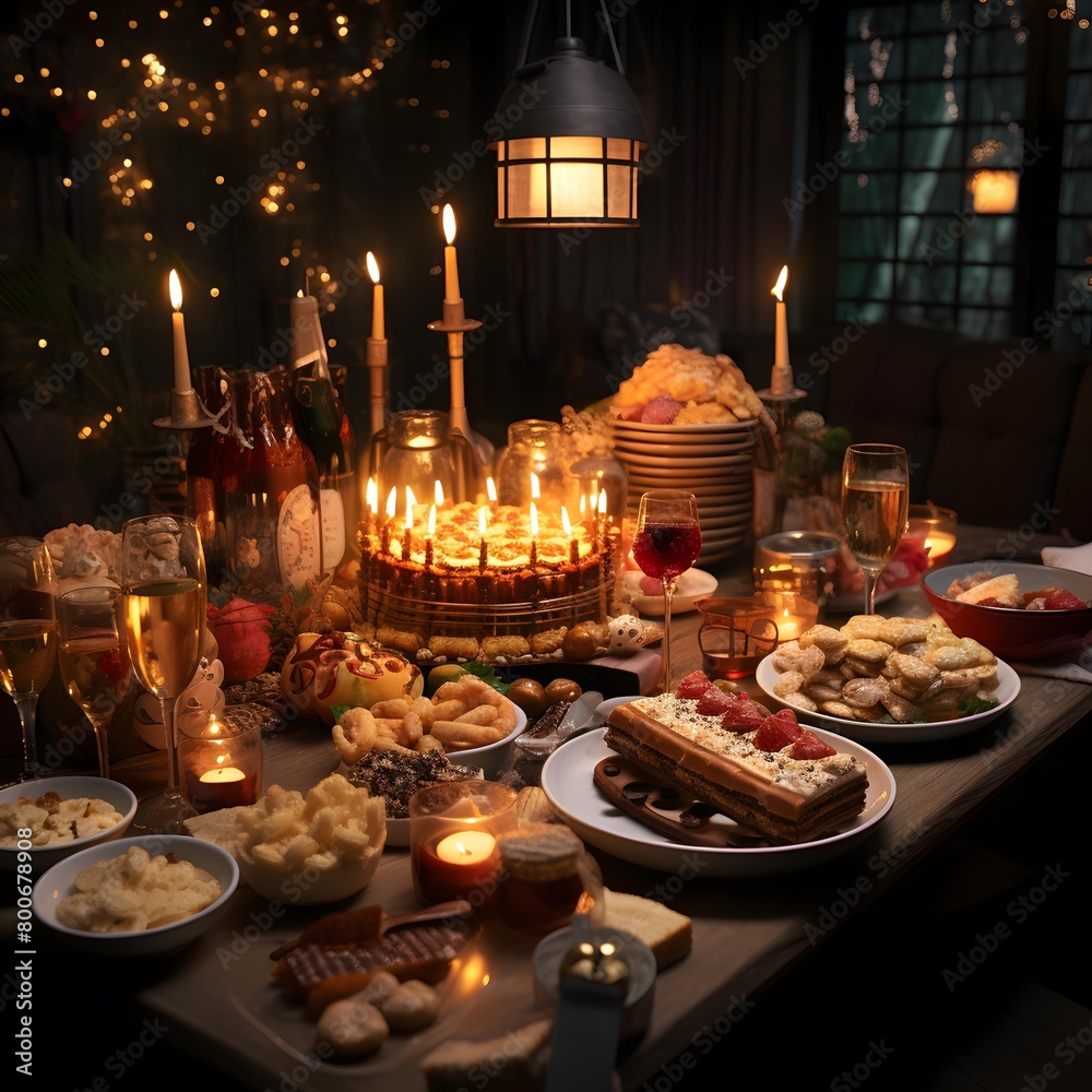 Table with sweets and candlesticks for a festive dinner in the dark