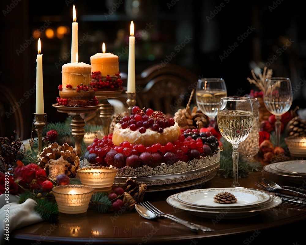 Festive table setting for Christmas dinner with candles, berries and cones